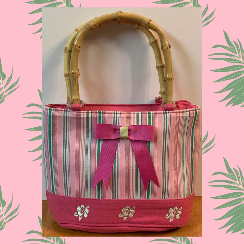 Pink White and Green Striped Canvas Tote Purse with Hibiscus Detail